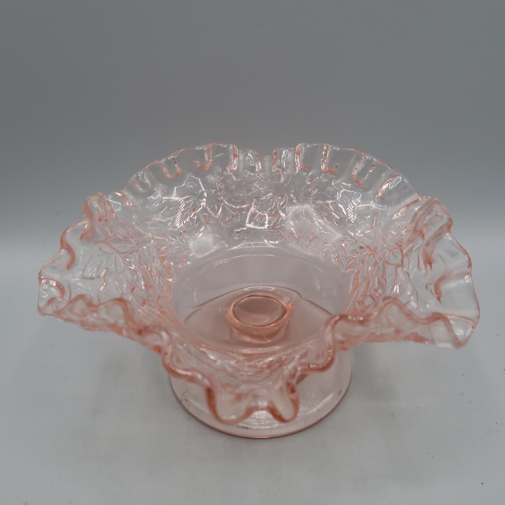 Pink Glass Pedestal Bowl Compote Ruffled 4" Candy Dish Footed